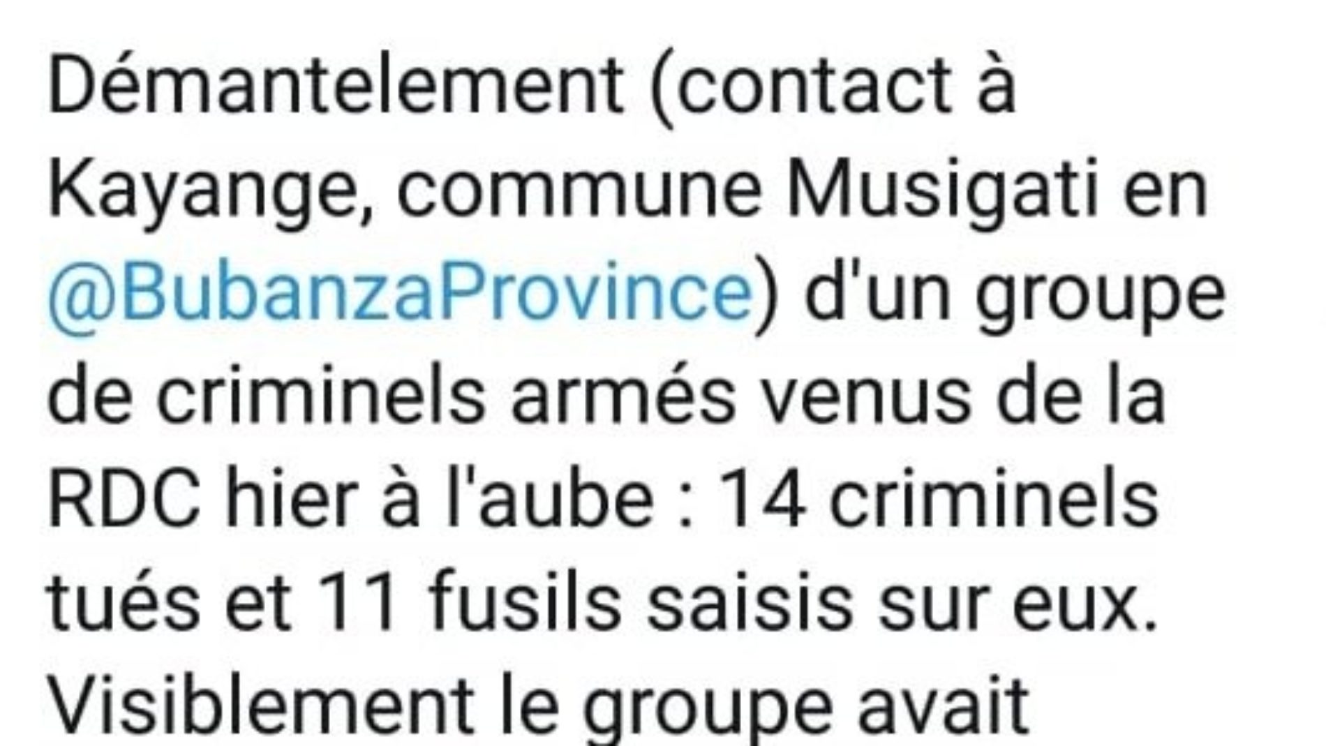 Bubanza : 14 morts dans les affrontements armés selon la Police nationale