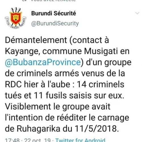 Bubanza : 14 morts dans les affrontements armés selon la Police nationale
